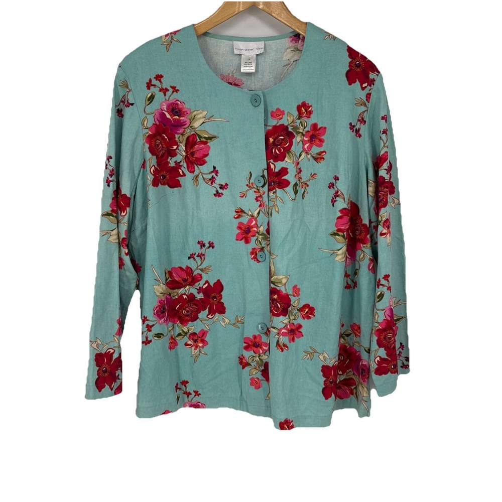 Susan Graver Style Womens Linen Blend Shacket 1X Aqua Floral‎ Resort Preppy Boho